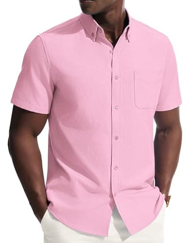 PJ PAUL JONES Mens Dress Shirts Oxford Button Down Shirt Short Sleeve Business Casual Untucked Shirts with Pocket Pink M - Image 1