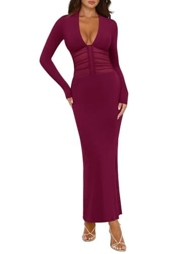 REORIA Women's Sexy Deep V Neck Long Sleeve Dress Mesh Sheer Ruched See Through Bodycon Maxi Long Dresses Cordovan Large - Image 1