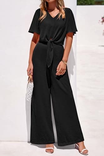 PRETTYGARDEN Women 2 Piece Summer Outfits Short Sleeve Strappy Top Wide Leg Pants Tracksuit Lounge Sets Beach Clothes(Black,Medium) - Thumbnail 3