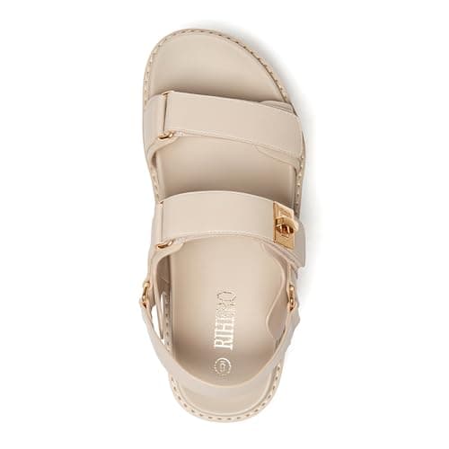 Rihero Womens Platform Sandals Leather Comfortable Wide Width Nude Sandals Double Strap Summer Flatform Beach Sandals Size 8.5 - Thumbnail 4