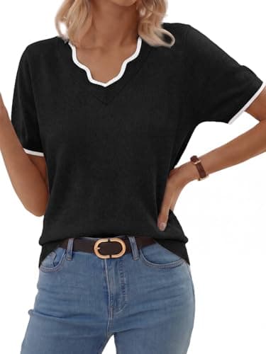 GKBK Women Short Sleeve V Neck Sweater Lightweight Pullover Top Fashion Clothing for Business Casual Work Outfits Spring Summer 2026 Black XX-Large - Thumbnail 3
