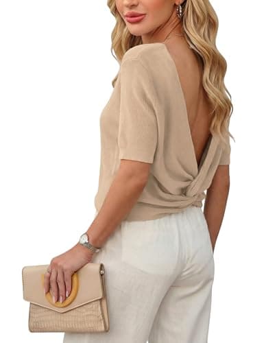 Tanming Womens Cropped Knit Sweater Short Sleeve Lightweight Casual Basic Tops Fall Summer Textured Pullover Sweaters(Khaki-S) - Image 1