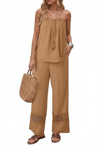 Dokotoo Summer Sets for Women Fashion Trendy Spaghetti Strap Tie Front Tops Set 2026 Comfy Business Casual Outfits for Women Wide Leg Pants Matching Suit Brown XX-Large - Image 1