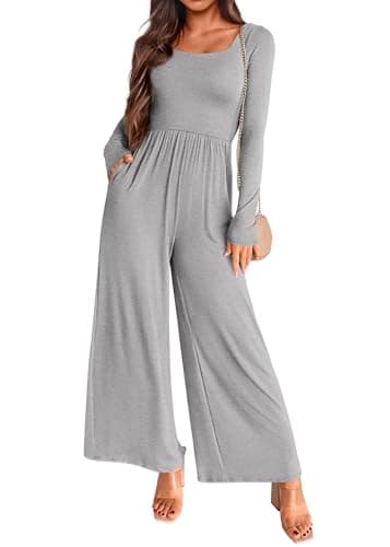 KIRUNDO Long Sleeve Jumpsuit for Women 2026 Spring Outfits Summer One Piece Square Neck Wide Leg Pants Romper With Pockets(Light Grey, Small) - Image 1