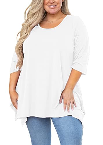 AusLook Plus Size Tunic Tops for Women 3/4 Sleeve White 3X Blouses Crewneck Clothes Flowy Clothing Loose Fit Babydoll Summer Fall Winter Maternity Shirts Wear with Leggings - Image 1
