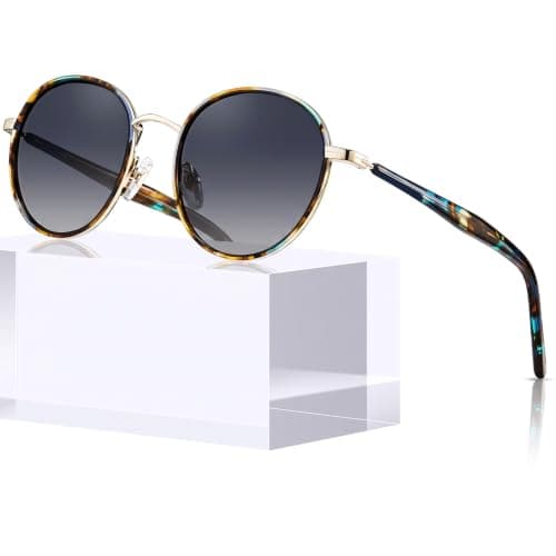CARFIA Retro Round Polarized Sunglasses for Women UV Protection Acetate Arms Metal Frame Driving Glasses
