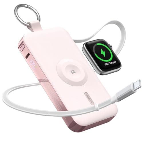 RORRY CharmGo Portable Charger, 12000mAh 30W Fast Charging Power Bank with Built-in Retractable USB C Cable, Battery Pack with Keychain, Travel Essentials for iPhone, Apple Watch, iPad, Pink