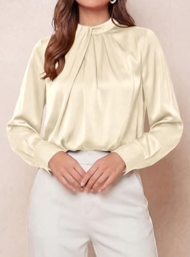 PRETTYGARDEN Women Satin Tops Mock Neck Long Sleeve Shirts,Beige,XXL - Thumbnail 6