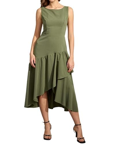 Women's 2026 Casual Summer Dark Army Green Boat Neck Sleeveless Ruffle Flowy Asymmetrical Irregular Hem Cotton Nylon Back Elastic Waist Zipper Elegant Vocation Beach Wedding Dating Party Midi Dress - Image 1