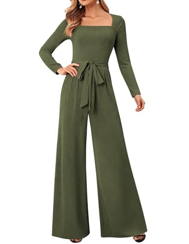 LOOKBOHO Womens Casual Jumpsuits Dressy Long Sleeve Square Neck Belt Wide Leg Long Romper With Pockets Army Green XL - Image 1