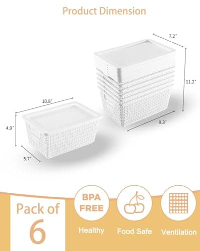 VEGITERIA Plastic Storage Baskets with Lids [6-Pack] – Stackable Organizing Bins with Secure Snap-On Lids for Pantry, Bathroom & Closet | 11"x7"x5" Bins Hold 25lbs, Dustproof & Water-Resistant, White - Thumbnail 2