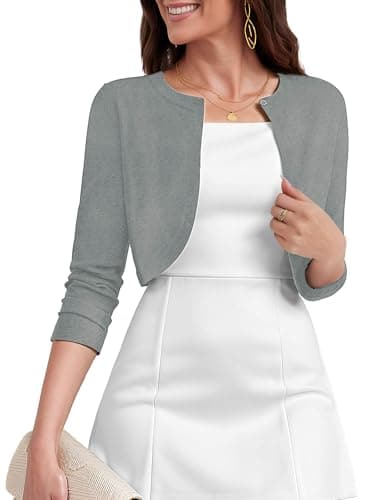 Heymoments Women's Thin Shrugs for Dresses Open Front Light Gray X-Large 3/4 Sleeve Knit Lightweight Crop Cardigan Dressy Cropped Tops Coat Sweater Clothes - Image 1