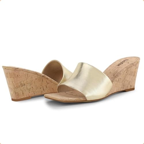 Easyfox Gold Sandals for Women Wedge Heel Sandals Open Toe High Heel Womens Sandals Wedge Heels Slip on Mules Heels Sandals Summer Dress Sandals Size 7 - Thumbnail 5