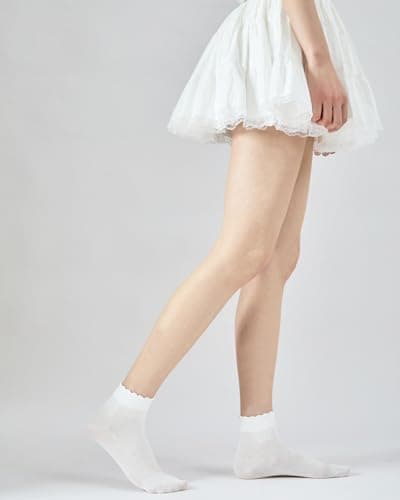 Vinacimos 4 Pairs Ruffle Socks for Women, White Ankle Socks with Elastic Frilly Cuff, Summer Soft Cotton Socks, Lettuce Edge Socks for Ladies and Girls, Size 5-11 - Thumbnail 3