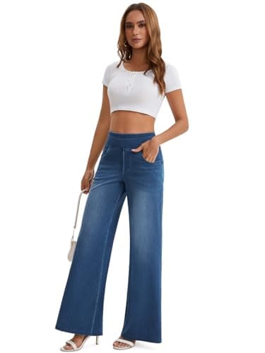JEAVIA Women's Wide Leg Jeans High Waisted Pull On Baggy Jeans Stretchy Elastic Waist Sweatpant Trendy Loose Denim Pants Blue - Thumbnail 6