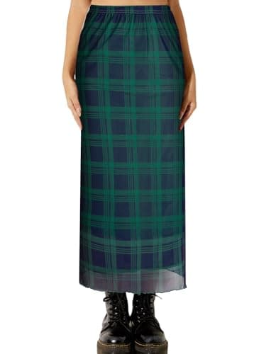 Avanova Women Plaid Gingham Checkered Mesh High Waisted Midi Skirts Flowy Summer Long Skirts Green Plaid Small - Thumbnail 3