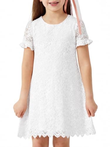 ALLOVIN Girls & Toddlers Graduation Soft Lace A-Line Short Sleeve Birthday Party Flower Girl Dress Wedding Communion | White | 3T - Image 1