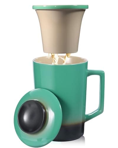Foinly 15 oz Ceramic Tea Infuser Cup with Lid - Tea Mug with All Porcelain Strainer for Loose Leaf Teas,Microwave and Dishwasher Safe,Metal-Free,BPA-Free for Tea Lovers/Mother's Day(Green) - Image 1