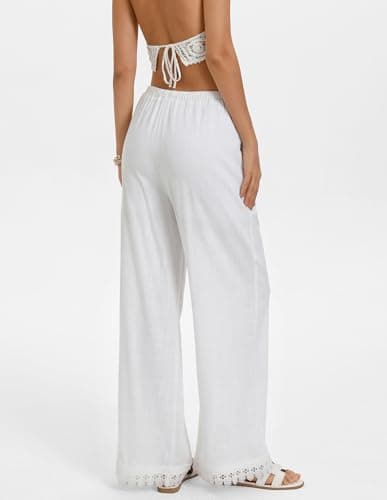 GRACE KARIN Women Linen Palazzo Pants Summer Boho Wide Leg High Waist Casual Pant 2026 Beach Travel Vacation Outfits White 2XL - Thumbnail 4