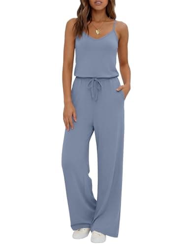 Ekouaer Womens Summer Jumpsuits Dressy Sleeveless Wide Leg Long Pants Rompers Casual One Piece Outfits with Pockets Grey blue XXL - Image 1