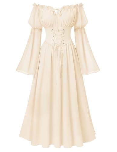 Scarlet Darkness Renaissance Costume Women Off Shoulder Corset Dress Long Sleeve Fairy Maxi Dresses Oyster White L - Image 1