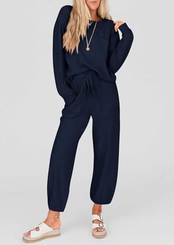 KIRUNDO Lounge Sets for Women 2026 Fall Airport Travel Outfits Ribbed Knit Tops Jogger Pants Tracksuit Postpartum Comfy Set(Navy, X-Small) - Thumbnail 3