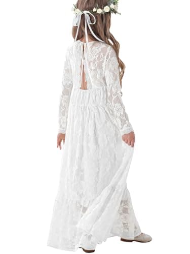 ALLOVIN Toddler & Girls Long Sleeve Lace Flower Girl Dress Maxi Boho A-Line Dress for Wedding Baptism 1st Communion | White | 11-12Y - Image 1