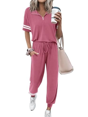 MASCOMODA Womens Two Piece Outfits 2026 Summer Short Sleeve Quarter Zip Pullover Tops Jogger Pants Tracksuit Loungewear Set(Pink,X-Large) - Image 1