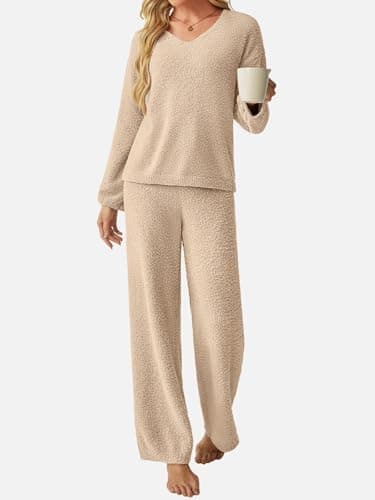 GKBK Womens 2 Piece Outfits Knit Sweater Sets Fuzzy Fleece Long Sleeve Top Wide Leg Pants Loungewear Matching Lounge Set 2026 Fall Winter Tracksuit Baggy Fashion Clothes Beige M - Thumbnail 5