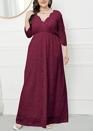 Eternatastic Womens Maxi Dress Evening Party 2/3 Sleeves Lace Long Dress XL Deep Red - Thumbnail 3