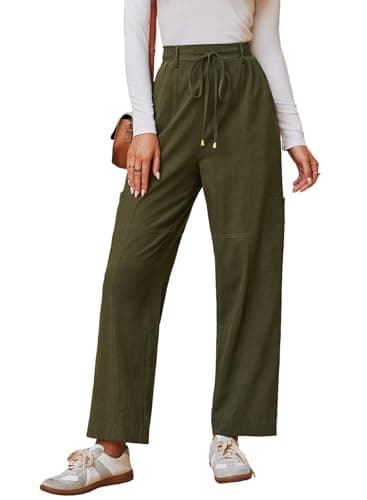 Dokotoo Linen Pants Women High Waisted Drawstring Stretch Pants Casual Loose Outdoor Travel Trousers Elastic Waistband with 4 Pockets Green - Image 1