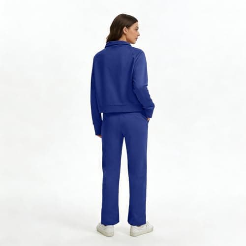 Anyshe Women's 2 Piece Sweatsuit Set Lounge Set Half Zip Sweatshirt with Kangaroo Pocket Thumb Holes Wide Leg Drawstring Pants Casual Tracksuit for Travel Daily Wear, Navy, Medium - Thumbnail 4