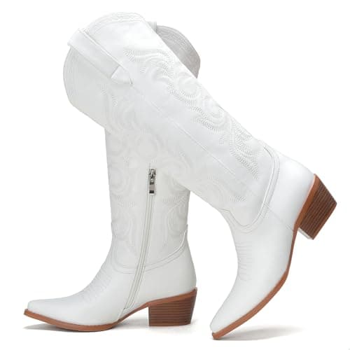 Cozivwaiy Knee high Cowboy Boots Women Embroidered White Tall Boots 1.96 Inch Heels Pull on Cowgirl Boot Pu Leather Western Ranch Boot Country Concert Shoes Zipper Chunky 9 - Thumbnail 4