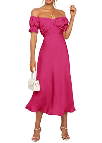 KIRUNDO Women's 2026 Spring Summer Satin Wedding Guest Midi Dress Off The Shoulder Wrap Party Cocktail Formal Prom Dresses(Rose Red, X-Large) - Image 1