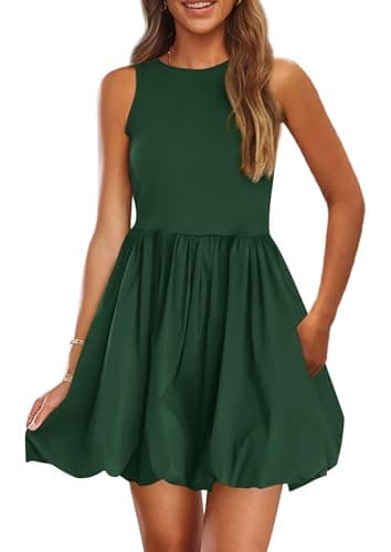 PRETTYGARDEN Summer Dresses for Women 2026 Casual Sleeveless Tank Mini Short Cocktail Dress Crew Neck Bubble Sundress Pockets (Dark Green,X-Large) - Image 1