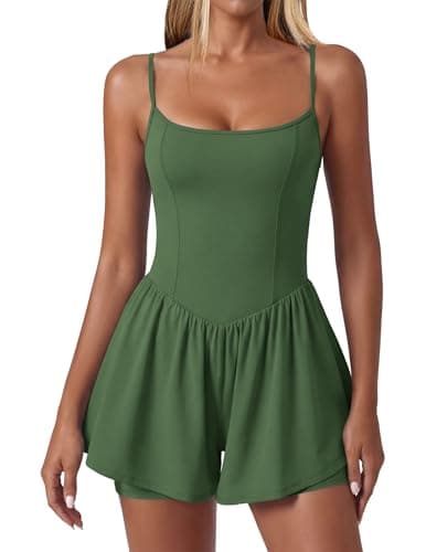 Ekouaer Womens Summer Sleeveless Workout Rompers Athletic Jumpsuit Double Lined Shorts One Piece Gym Yoga Clothes Army Green - Image 1