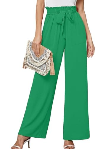 Heymoments Women's Wide Leg Pants with Pockets Green Medium Lightweight High Waisted Tie Knot Paperbag Dressy Palazzo Loose Paper Bag Comfy Business Casual Work Flowy Trousers - Image 1