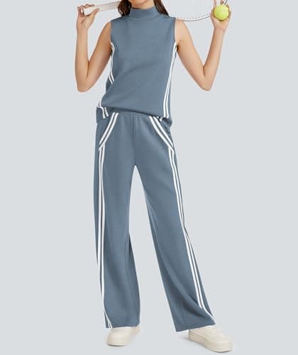 Casly Lamiit Lounge Wear for Women 2 Piece Set Travel Outfits Casual Sweat Suit Track Activewear Mock Neck Sleeveless Top Wide Leg Pants Grey Blue 2XL - Thumbnail 2
