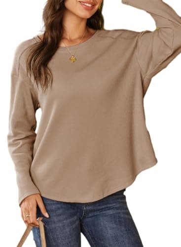 Doktoo Womens Summer Tops for Women 2026 Oversized Waffle Knit Crew Neck Long Sleeve Casual Lightweight Comfy Spring Fashion Outfits,Large Dark Khaki - Image 1