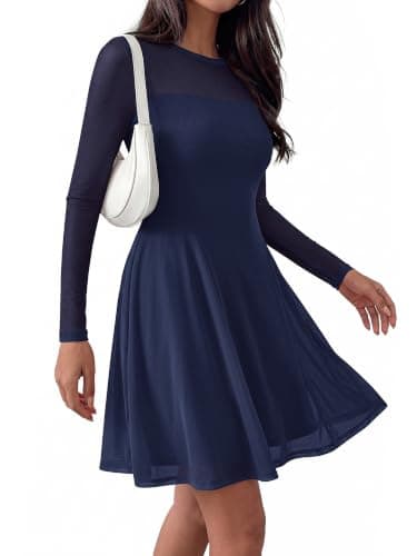 BTFBM Women’s Mini Dress Sheer Mesh Long Sleeve Flowy A Line Casual Cocktail Party Going Out Dresses 2026 Fall Fashion(Navy Blue, Small) - Thumbnail 5
