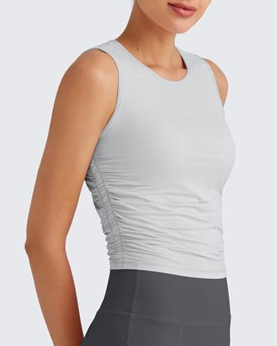 G4Free Workout Tank Tops for Woman Sleeveless Crop Top Side Ruched Running Gym Shirt Fast Dry Soft Daily Wear (Gray,XL) - Thumbnail 4