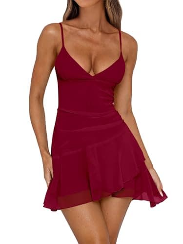 Caracilia Womens Cocktail Dresses Sleeveless V Neck Mesh Ruched Bodycon 2026 Sexy Summer Going Out Club Mini Short Dress Small Deep Red - Image 1