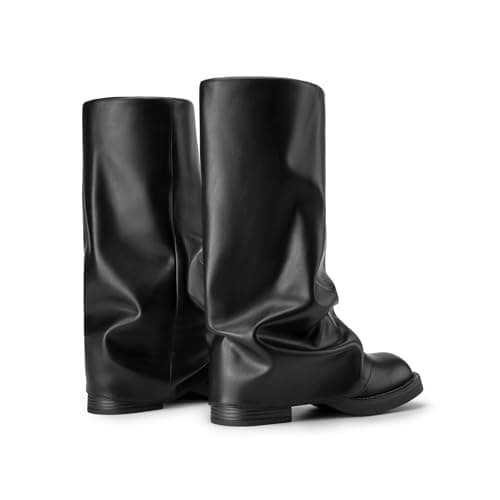 Athlefit Slouchy Mid Calf Boots for Women Black Fold Over Platform Square Toe Dress Pull On Wide Calf Boots for Party Concerts Size 6.5 - Thumbnail 5