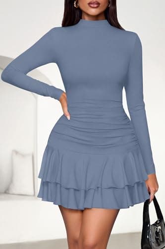 PRETTYGARDEN Womens Spring Long Sleeve Dresses 2026 Mock Neck Ruched Y2K Clothes Ruffle Layered Bodycon Mini Party Dress(Dusty Blue,X-Large) - Thumbnail 2