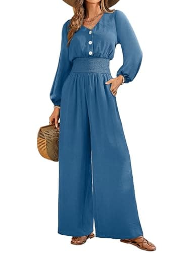 LOOKBOHO Jumpsuits for Women Dressy Casual Long Sleeve One Piece 2026 Fall V Neck High Waist Wide Leg Romper With Pockets Blue Large - Image 1