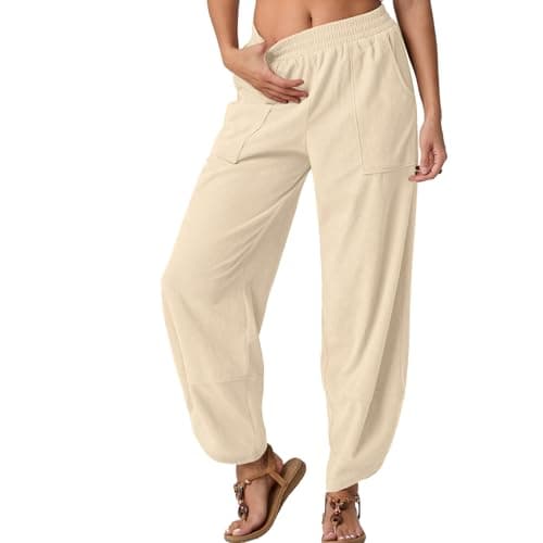 Wide Leg Pants for Women Lounge Casual Palazzo Harem Sweatpants Baggy Barrel Trousers with Pockets White Medium - Image 1