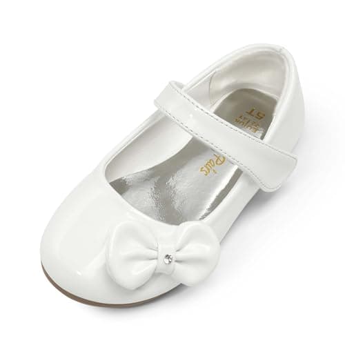 DREAM PAIRS Toddler Girls Dress Shoes Mary Jane Flats, Girls School Uniform Flats Bow Ballerina Shoes,Size 13 Little Kid,White/Pat,Angel-5 - Image 1