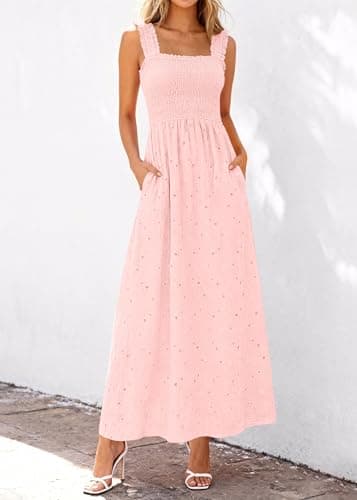 KIRUNDO Summer Lace Dress Vacation Outfits for Women 2026 Wedding Guest Dresses Maxi Beach Boho Sleeveless Cotton Sundress (Pink, Small) - Thumbnail 6