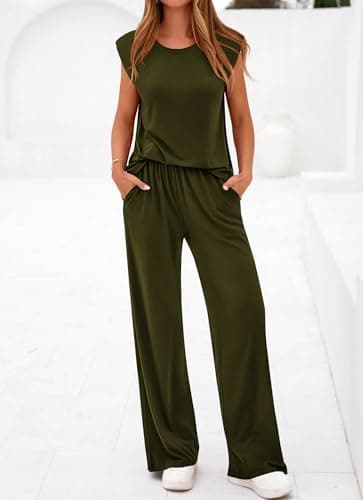 BTFBM 2 Piece Sets for Women Spring 2026 Casual Shoulder Pad Tank Top Wide Leg Pants Matching Set Travel Airport Outfits(Army Green, Small) - Thumbnail 2