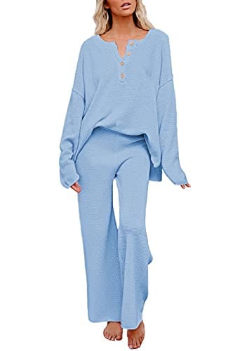Pink Queen Women's 2 Piece Knit Outfit Button Knit Pullover Sweater Top and Long Pants Sweatsuit Loungewear Set Blue M - Image 1